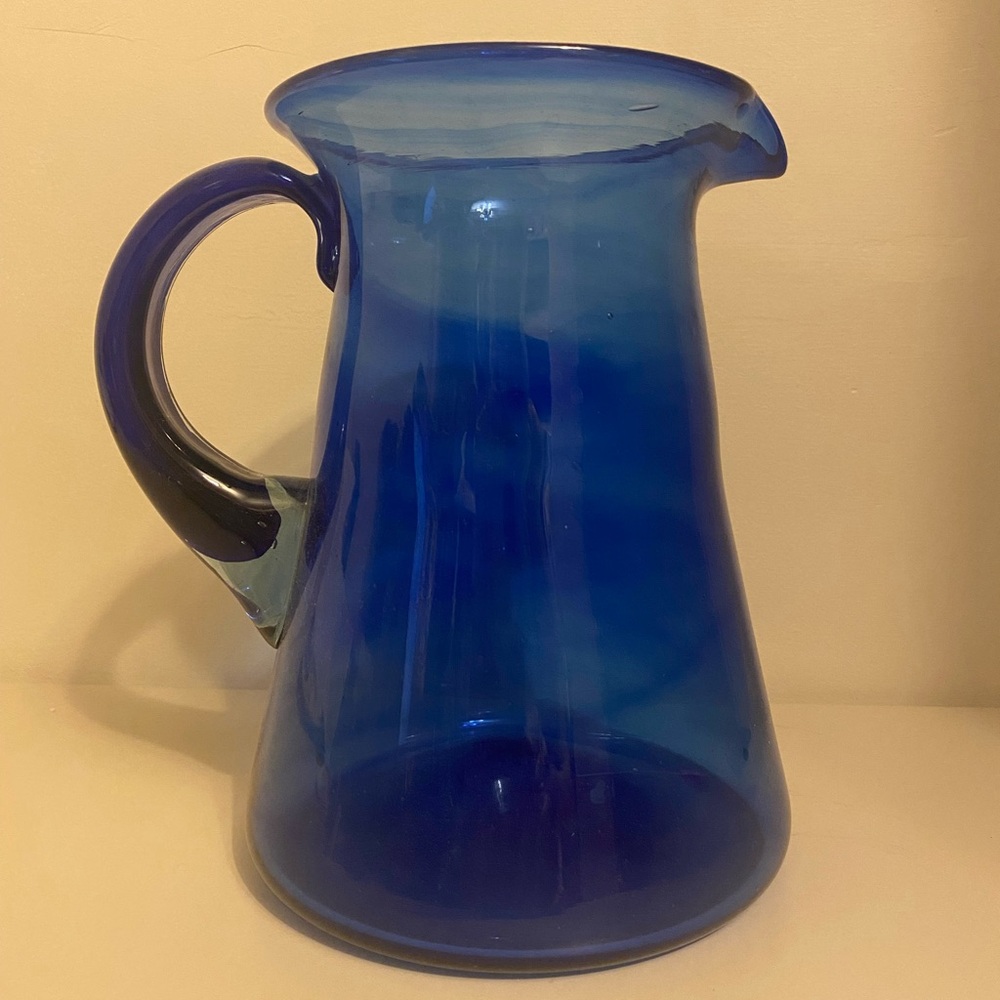 Vintage Large Cobalt Blue Hand Blown Glass Pitcher